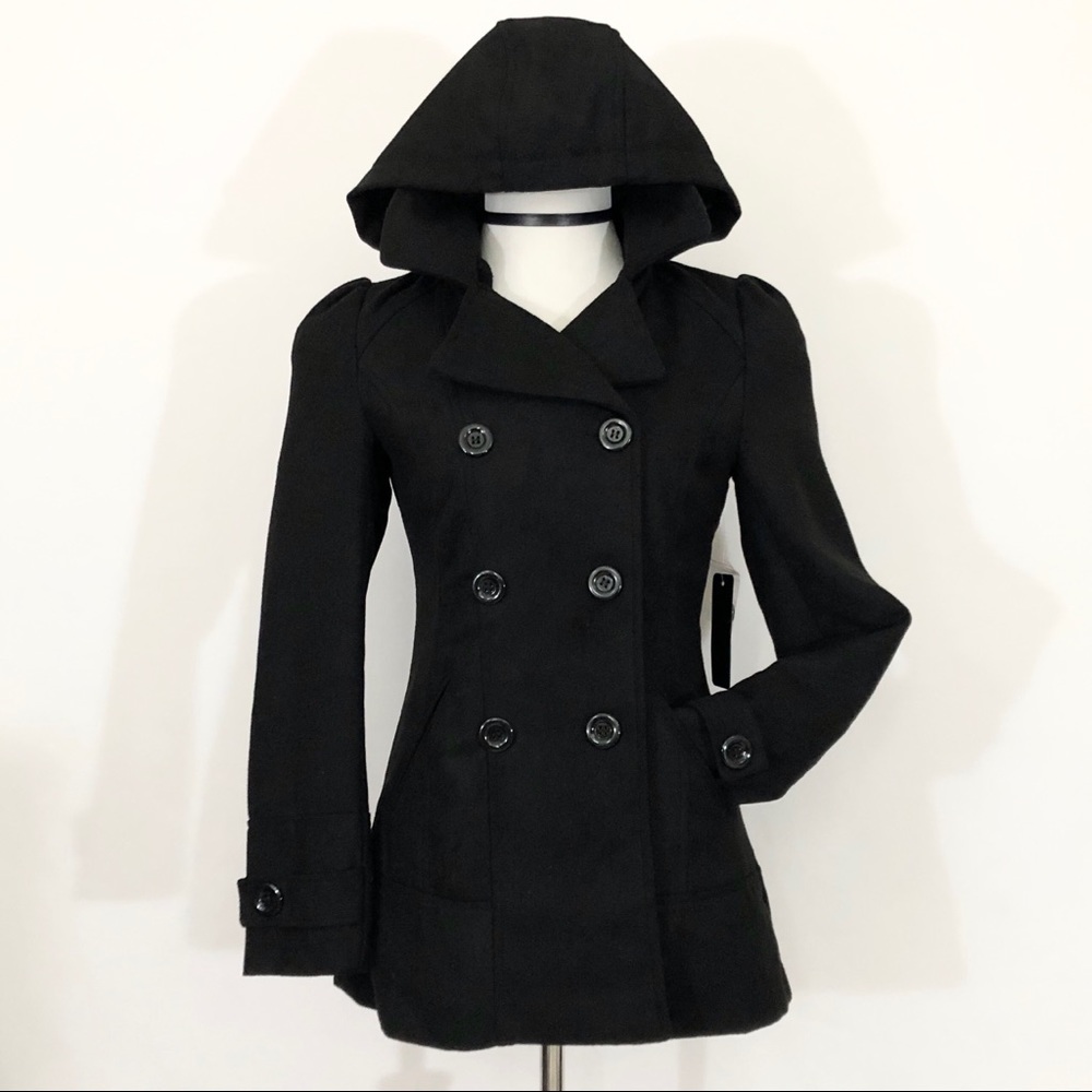 SOLD Double Breasted Wool Blend Hooded Pea Coat